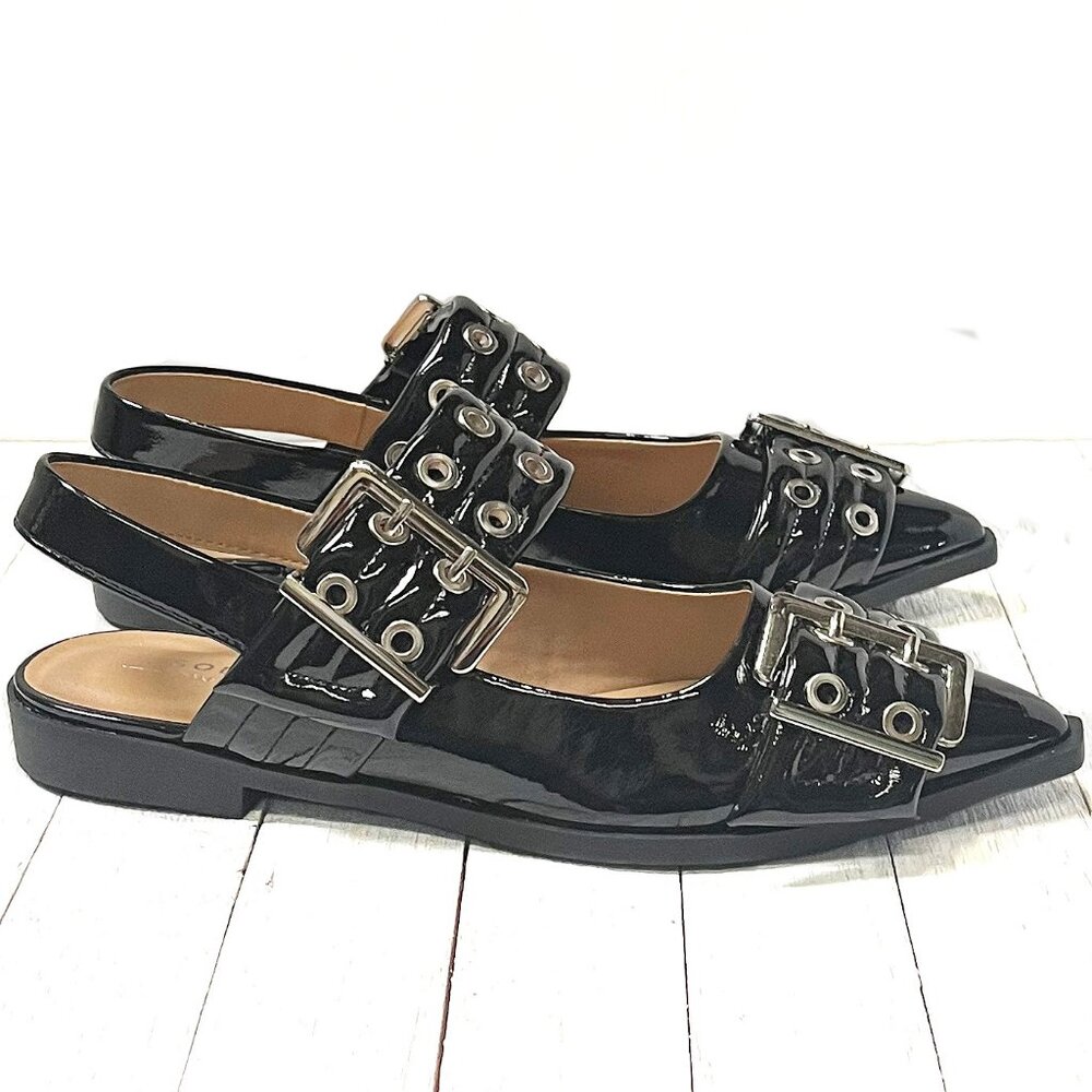 New Womens Black Studded Pointed Toe Mary Jane Ballet Flats